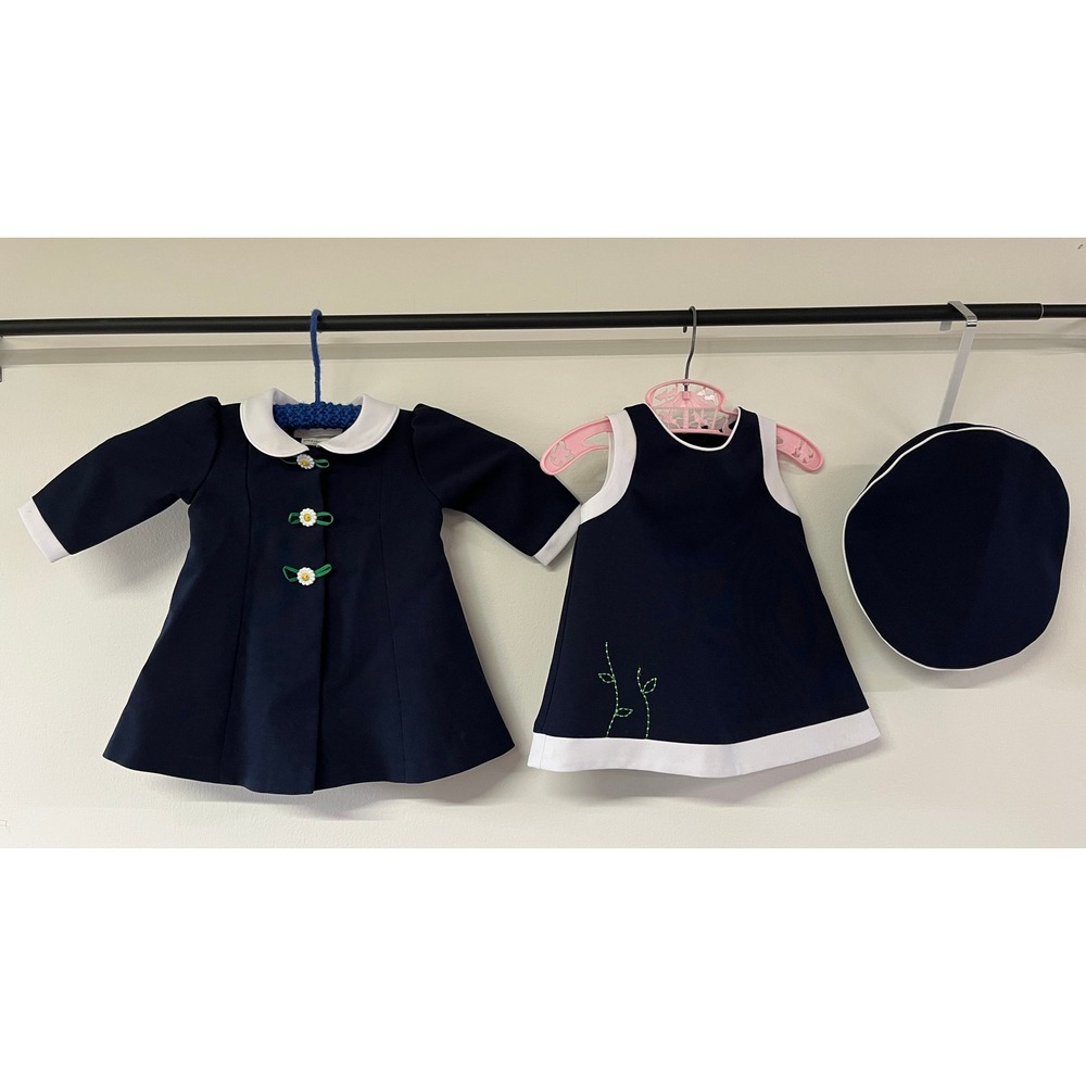 Bonnie Baby Girls Navy Blue 3pc Coat Dress Beret Set 3-6M R03147-1 Daisy Ribbon